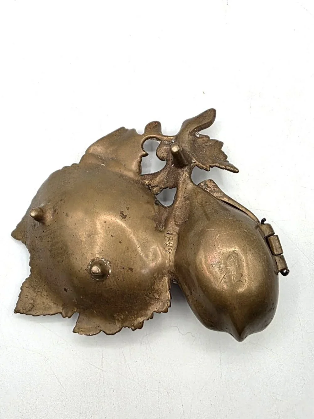 Antique Cast Metal Art Nouveau Leaves Nut Opens Unique Trinket Incense Dish 1899